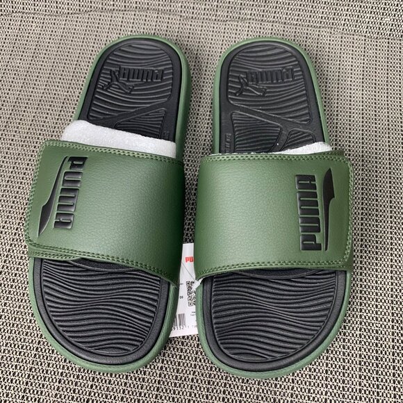 Puma Mens Size 8 Green & Black Slip-On Slide Sandals Logo Adjustable Comfort - Picture 1 of 5